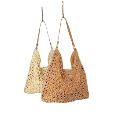 Customizable New Crocheted khaki Beach Bag for Vacation Beach-Ready Straw Tote Versatile Single Shoulder Crochet Bags