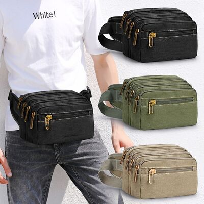 Men's Canvas Waist Bag Large Capacity Multi-Layer Cash Purse Multifunctional Construction Site Sports Wear-Resistant Waist Bag