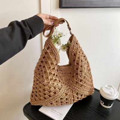 Customizable New Crocheted khaki Beach Bag for Vacation Beach-Ready Straw Tote Versatile Single Shoulder Crochet Bags
