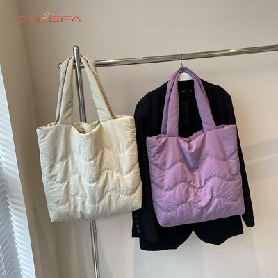 Soft Tote Bag for Women Commuting & Study Use Lightweight Nylon+Cotton-Filled Shoulder Tote Bag Solid Color Waterproof Handbag