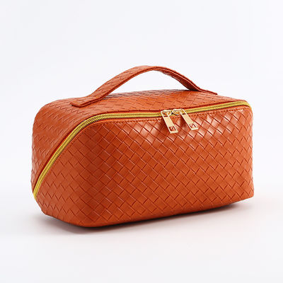 Korean-Style Fashion Large Capacity Makeup Bag High-Quality PU Leather Woven Storage Pouch Multifunctional Cosmetic Bag