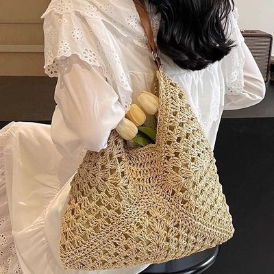 Customizable New Crocheted khaki Beach Bag for Vacation Beach-Ready Straw Tote Versatile Single Shoulder Crochet Bags