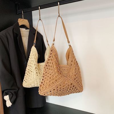 Customizable New Crocheted khaki Beach Bag for Vacation Beach-Ready Straw Tote Versatile Single Shoulder Crochet Bags