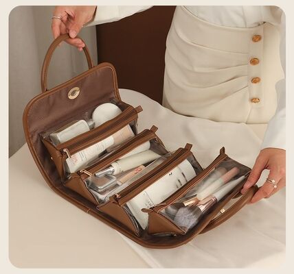 Foldable Niche Portable Retro Luxury Detachable Minimalist Makeup Organizer Bag Waterproof PU Leather Cosmetic Bag 2026New Style