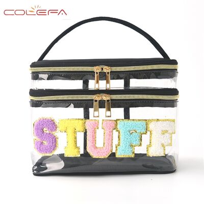 Embroidered Alphabet Storage Pouch PVC Transparent Double-Layer Makeup Bag Travel Toiletry Large Capacity Cosmetic Case