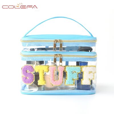 Embroidered Alphabet Storage Pouch PVC Transparent Double-Layer Makeup Bag Travel Toiletry Large Capacity Cosmetic Case