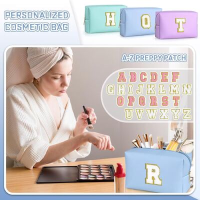 26 Embroidered Letter PU Leather Made Cosmetic Toiletry Bag Large Capacity Octagonal Travel Organizer Makeup Clutch