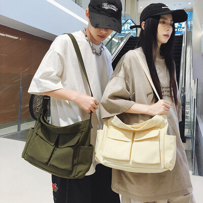 Customizable Large-Capacity Multi-Pocket Canvas Tote Bag for Men and Women Versatile Street Style Tote Bag Simple Casual Travel